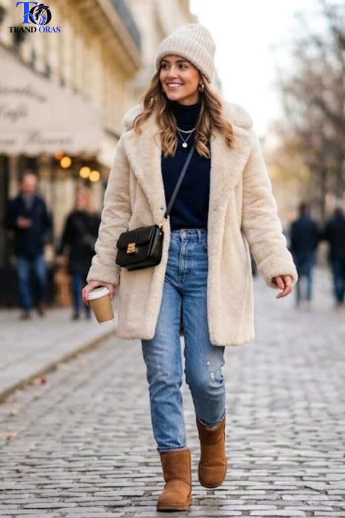 Faux Fur Coat Over a Simple Base With Uggs