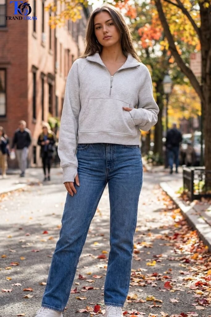 Quarter Zip Pullover With Straight Leg Jeans