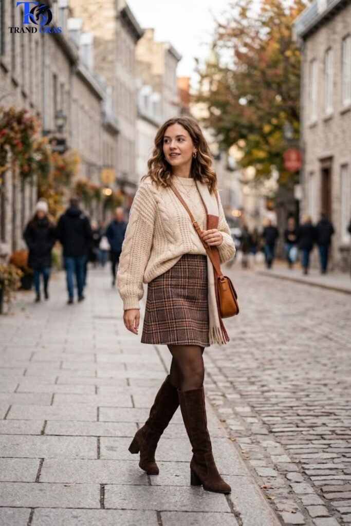 Wool Skirt with Tall Boots and a Chunky Sweater
