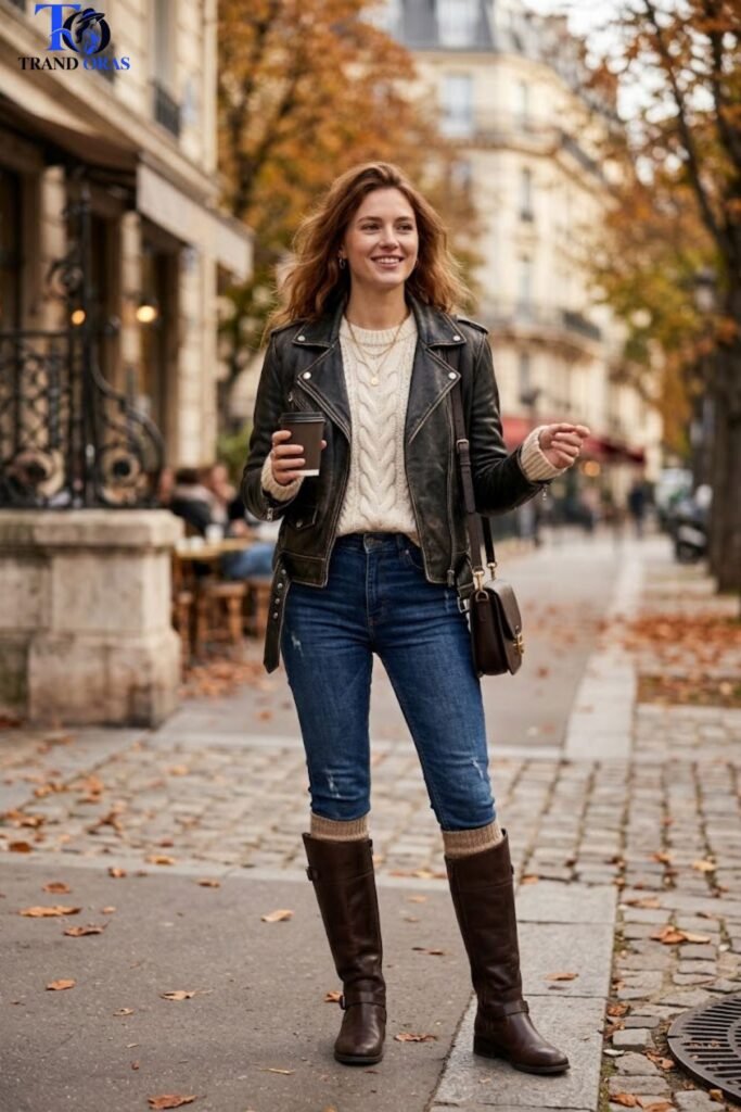 Leather Jacket Over a Cable Knit Sweater