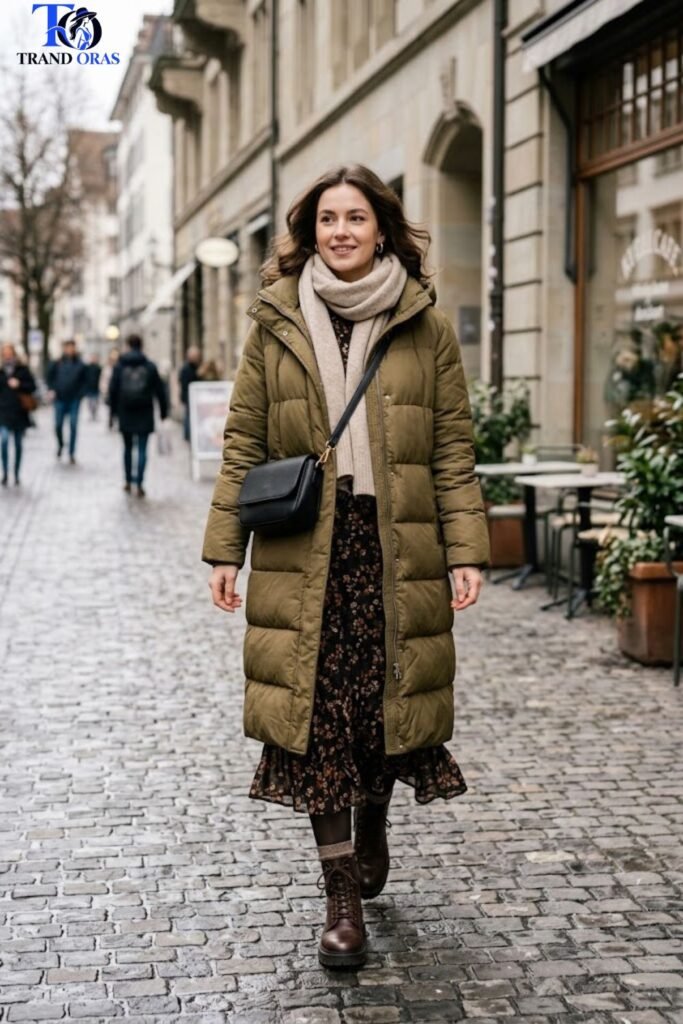 Long Puffer Coat with a Midi Dress