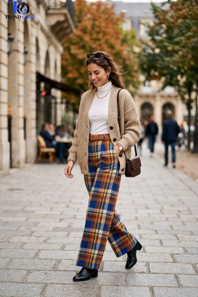 Cardigan as a Jacket with Statement Trousers