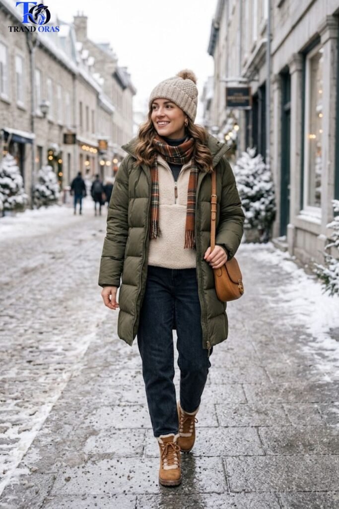 Down Puffer Coat Over a Fleece Mid Layer