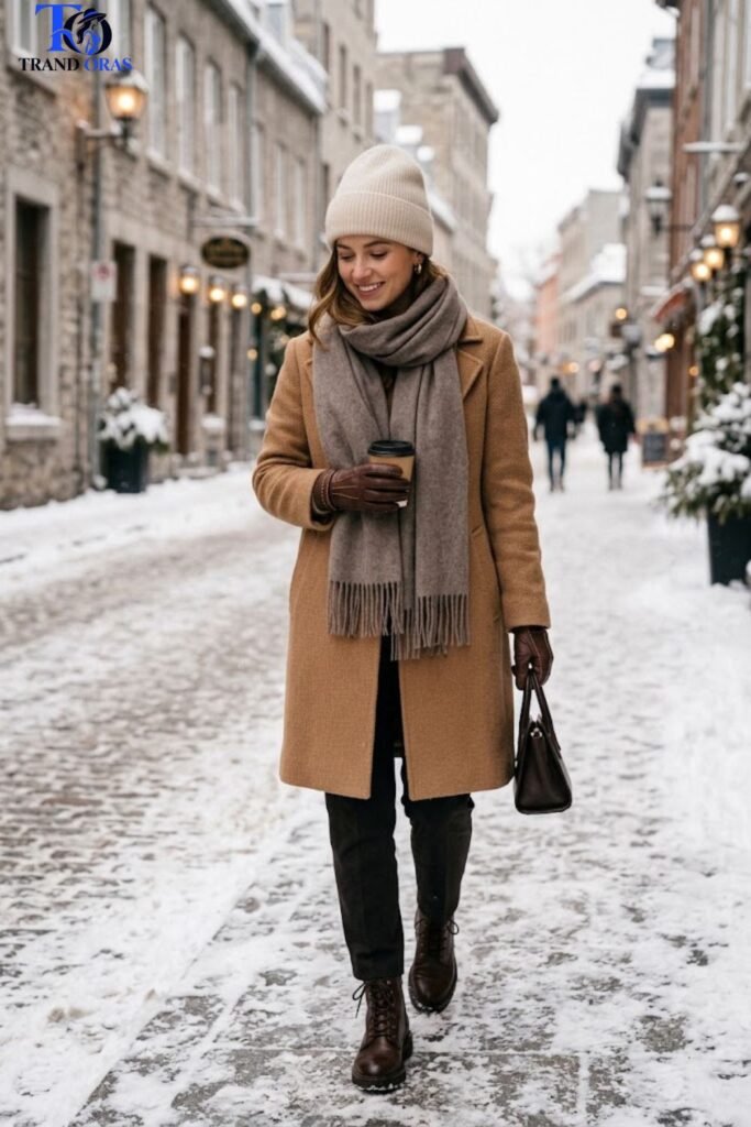 Wool Coat with a Cashmere Scarf and Leather Gloves
