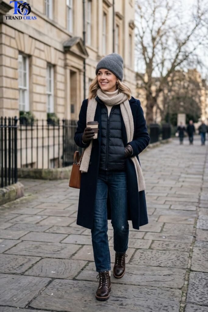 Puffer Vest Layered Between a Base Layer and Coat