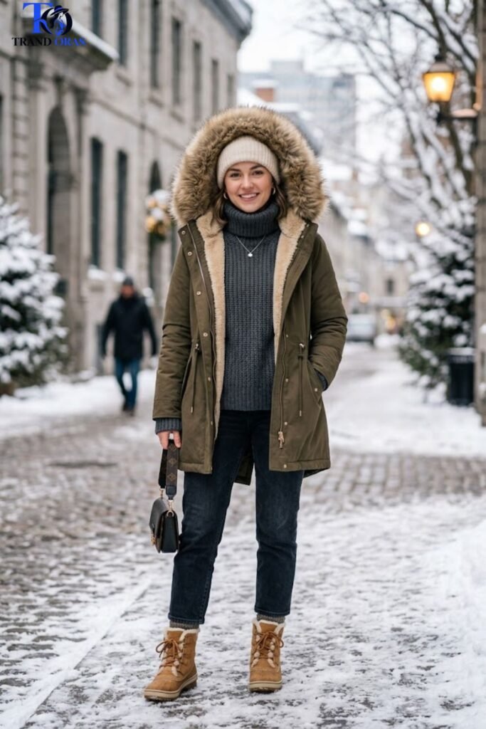Turtleneck Sweater with a Faux Fur Lined Parka