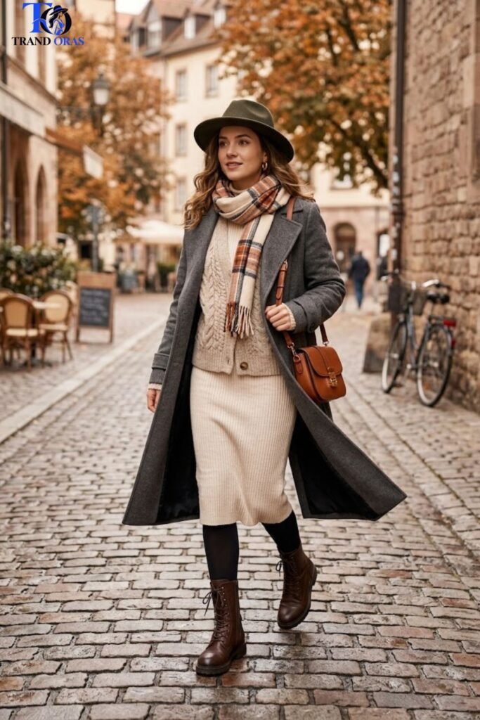 Layered Knit Dress with Tights, Boots, and a Long Coat