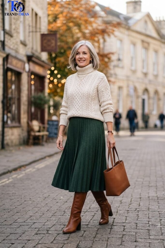 Midi Skirt with Tall Boots and a Chunky Sweater
