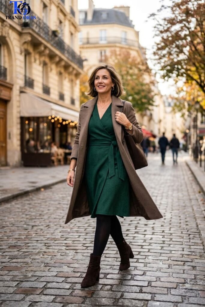 Wrap Dress with Tights and Ankle Boots