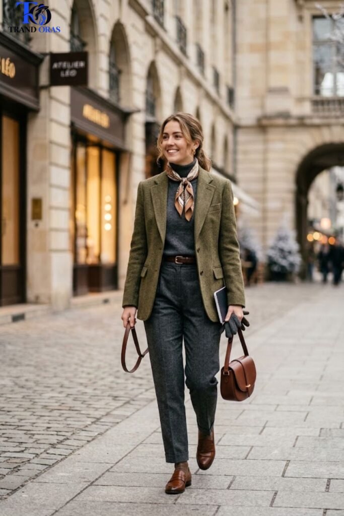 Wool Blazer Over a Turtleneck and Trousers