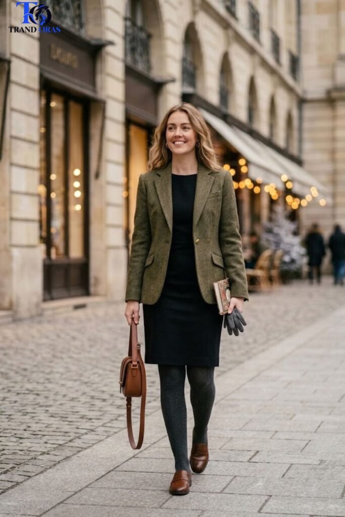 Sheath Dress with Tights and a Blazer