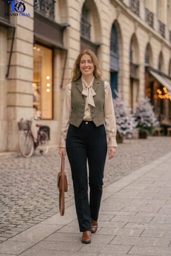 Ponte Knit Trousers with a Silk Blouse