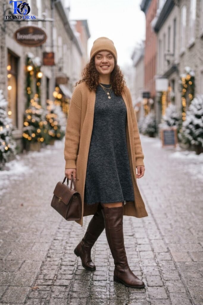 A Line Sweater Dress with Tall Boots