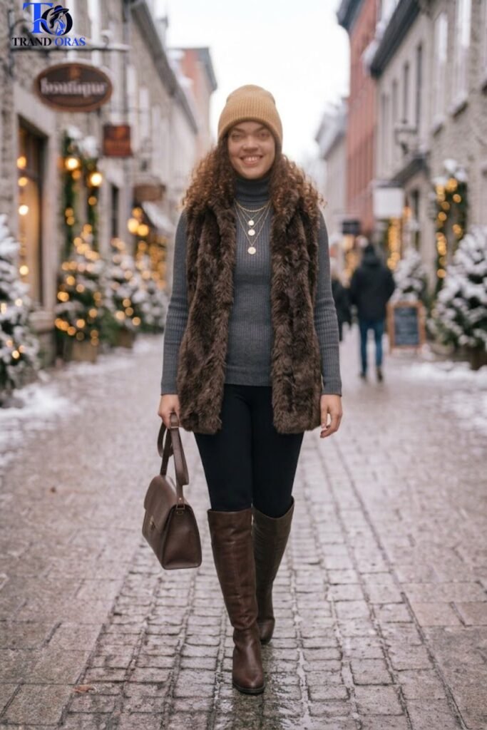 Faux Fur Vest Over a Fitted Turtleneck