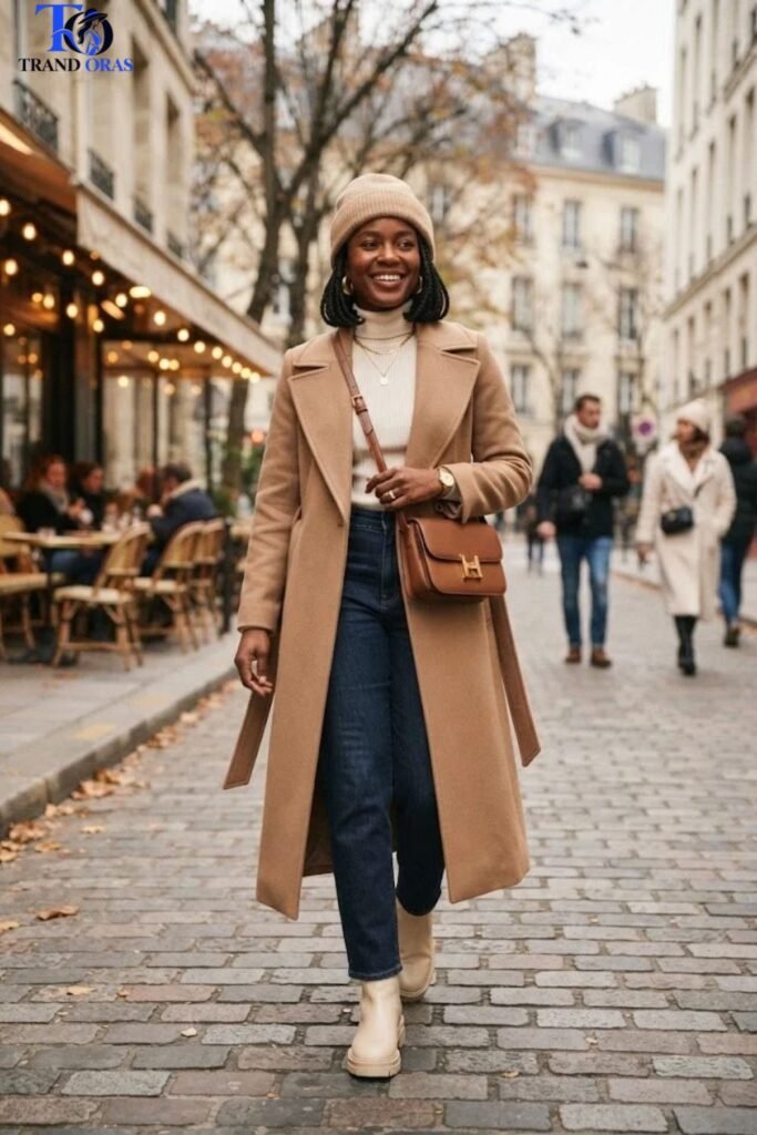 Camel Coat with Gold Accessories