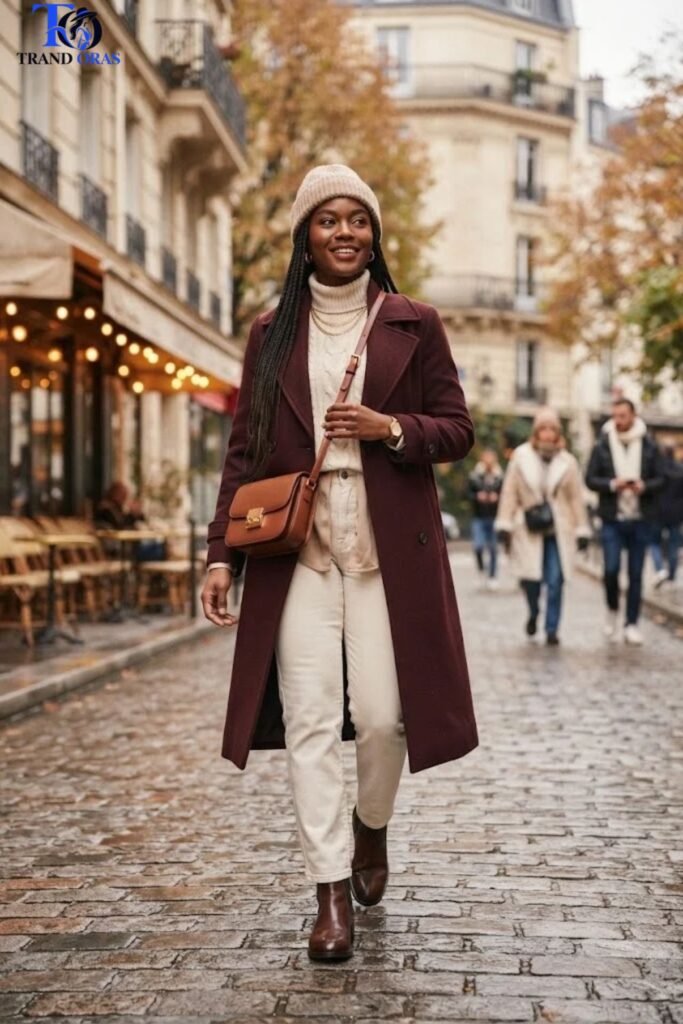 Deep Burgundy Coat with Neutral Layers