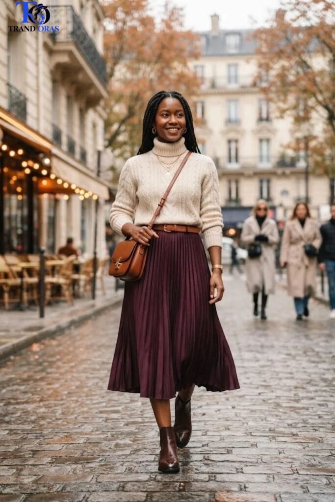 Cream Turtleneck with a Deep Plum Skirt