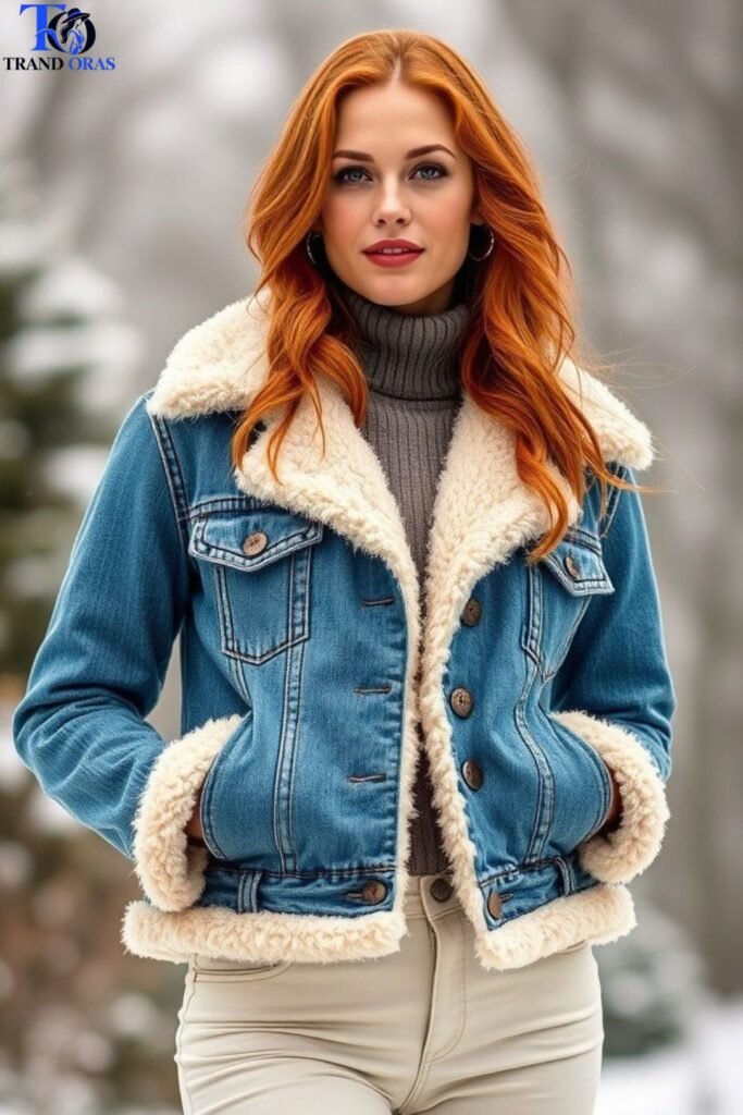 Sherpa Lined Denim Jacket Over a Turtleneck