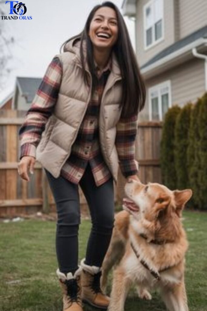 Puffer Vest Over a Flannel Shirt