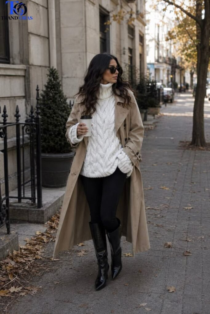 Lightweight Trench Layered Over a Chunky Sweater