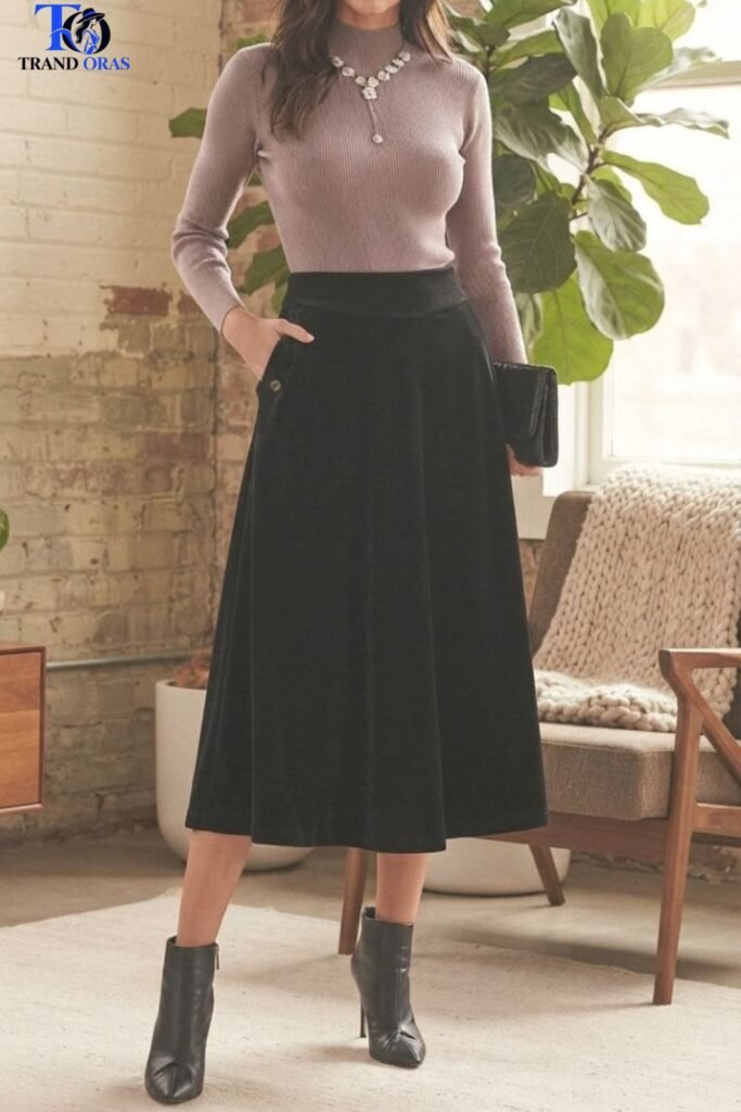 Midi Skirt With Tights and Ankle Boots
