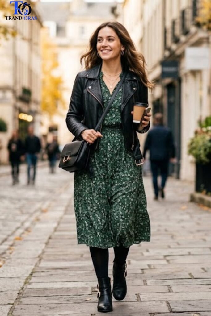 Midi Dress with Tights and a Cropped Jacket