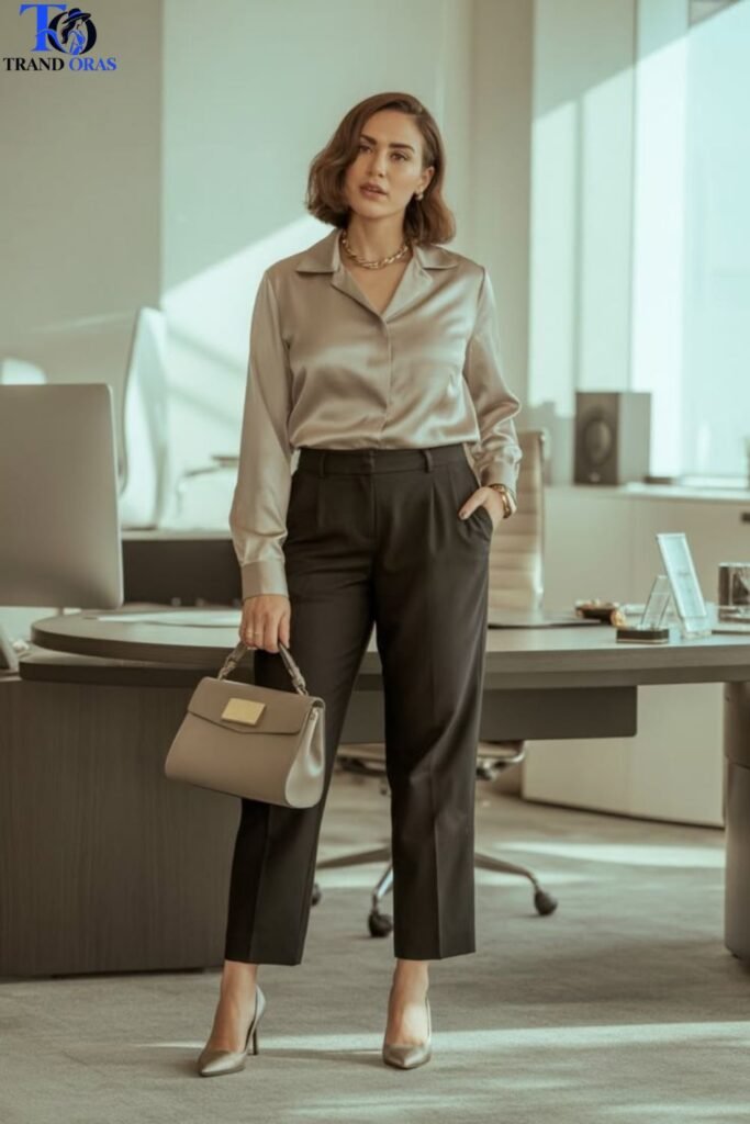 Silk Blouse With Tailored Wool Trousers