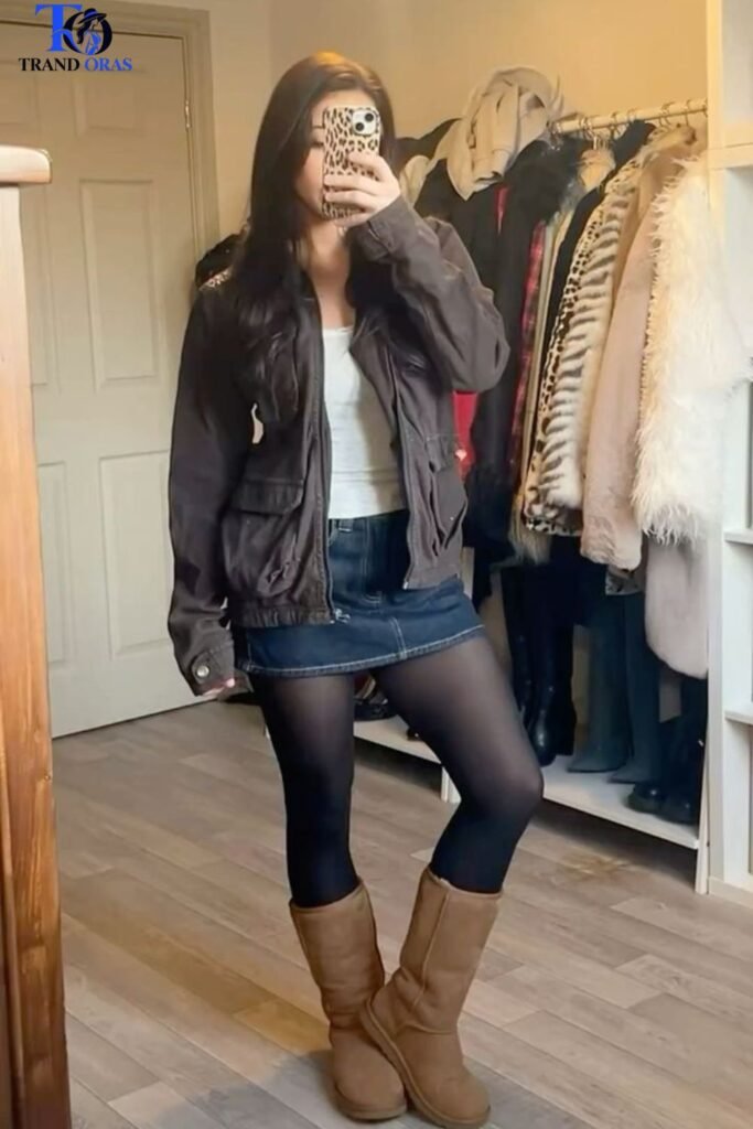 Mini Skirt With Tall Uggs and Opaque Tights