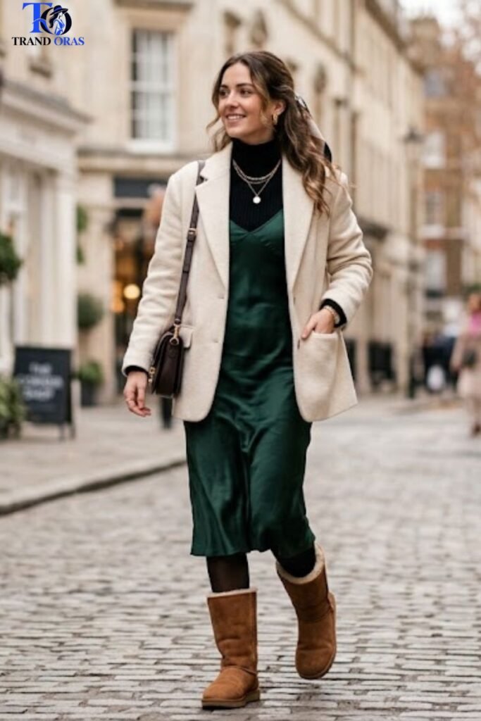 Slip Dress Layered Over a Turtleneck With Uggs