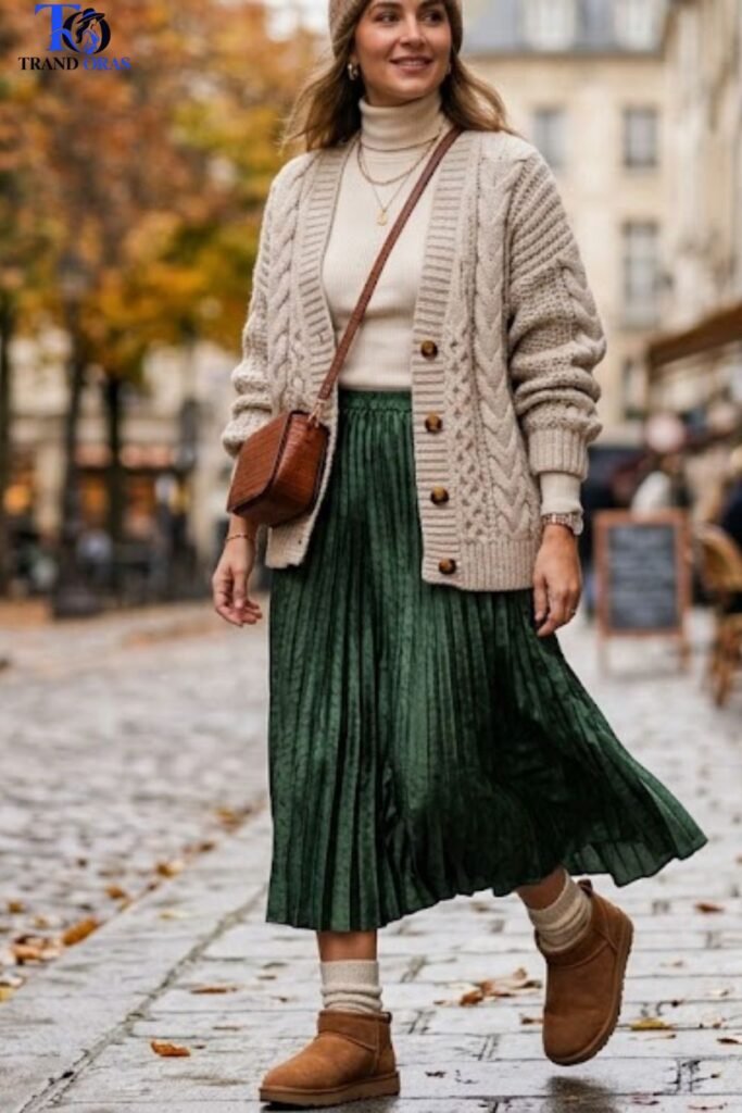 Cardigan and Midi Skirt With Peeking Uggs