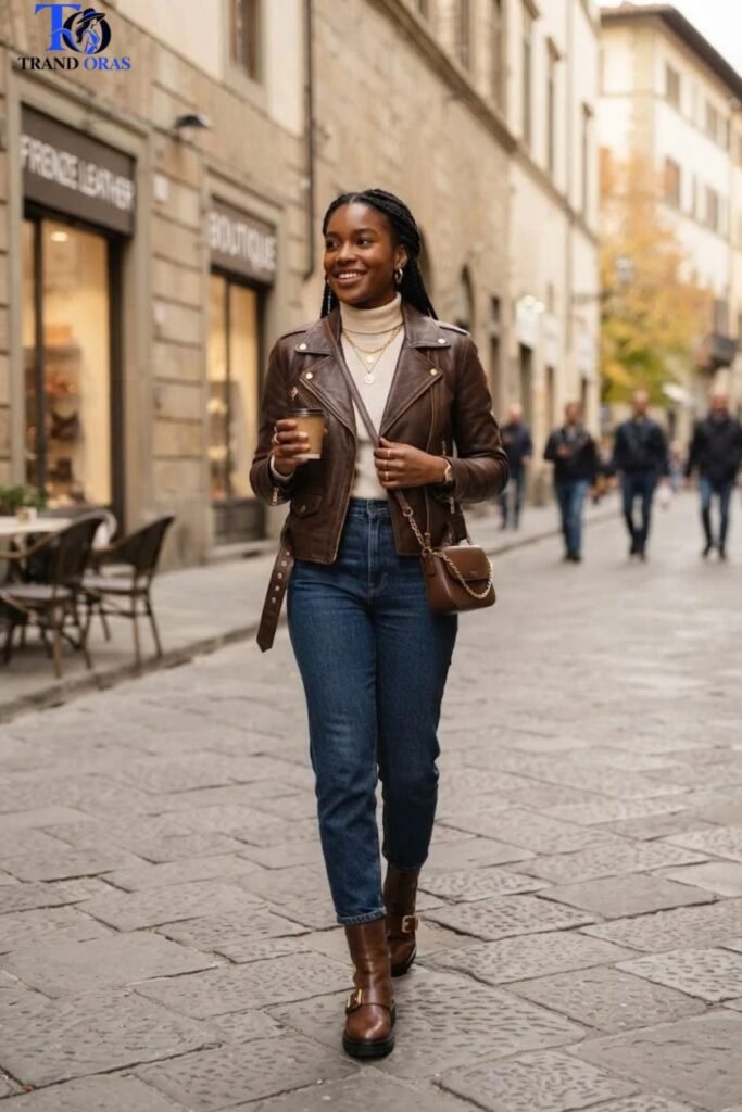 Chocolate Brown Leather Jacket with Gold Jewelry