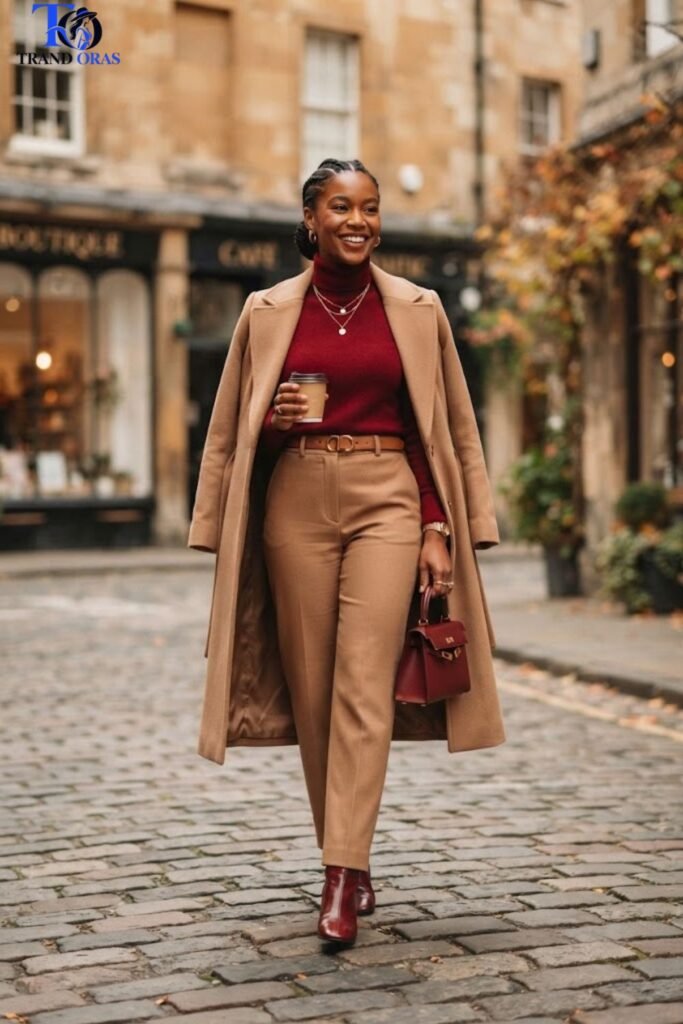 Deep Red Turtleneck with Camel Trousers