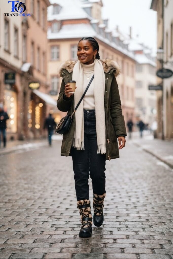 Faux Fur Trim Parka with Statement Boots