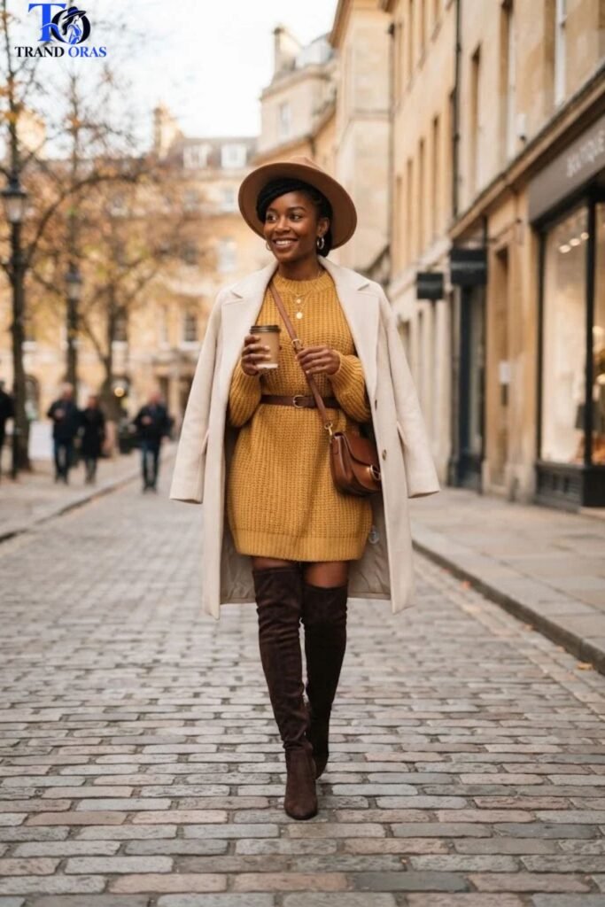 Mustard Sweater Dress with Thigh High Boots