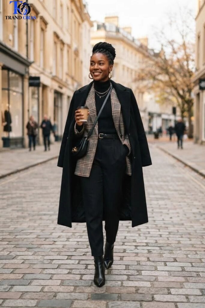 Plaid Blazer with Black Turtleneck and Trousers