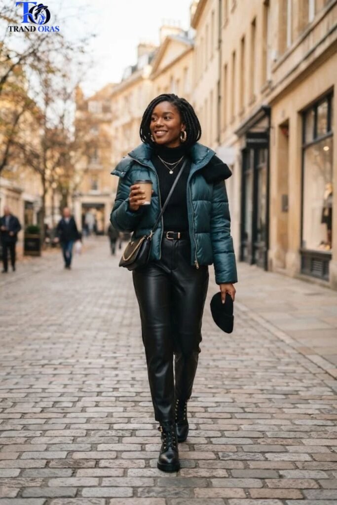 Teal Puffer Coat with Black Basics