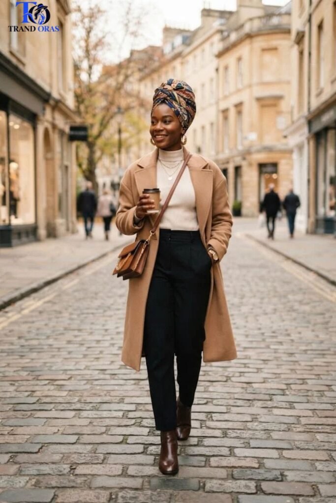 Camel Coat with a Printed Head Wrap