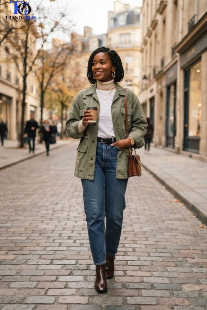 Olive Green Utility Jacket with Layered Basics