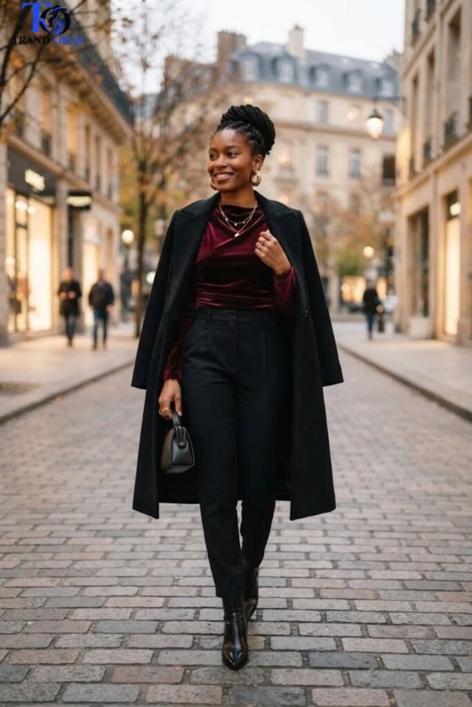 Burgundy Velvet Top with Black Trousers
