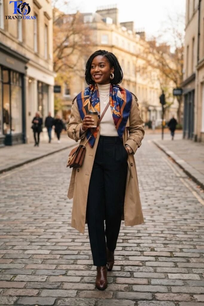 Tan Trench Coat with Bold Printed Scarf